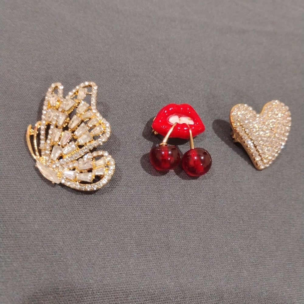 Gold Crystal Butterfly, Red Cherry Lip & Heart Brooch Pin Set - Women Jewelry